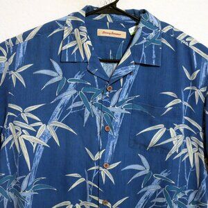 Tommy Bahama Shirt Mens Large Short Sleeve Silk Blue White Tropical Plants